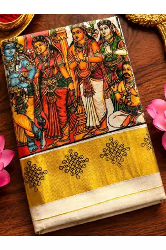 Ethnic motifs pure cotton handloom kasavu saree