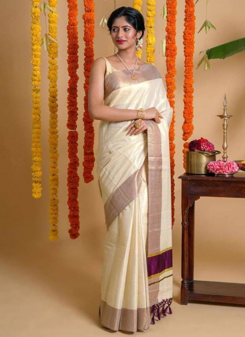 Solid zari tissue kasavu saree
