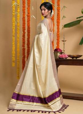 off white tissue kasavu saree with mauve zari border 4