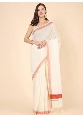 off white pure cotton kasavu saree with zari embroidery work 1