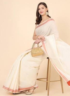 off white pure cotton kasavu saree with zari embroidery work 2