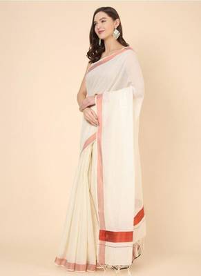 off white pure cotton kasavu saree with zari embroidery work 4