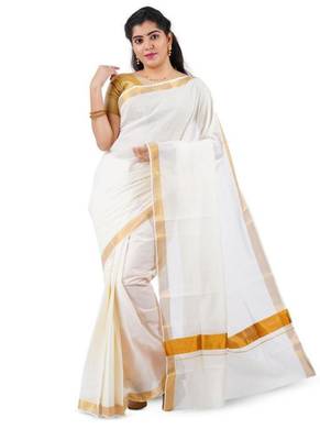 off white plain cotton kasavu saree with golden border 1
