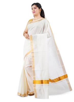 off white plain cotton kasavu saree with golden border 4