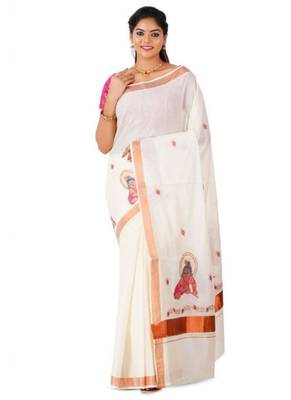 white pure cotton kasavu saree with devotional motif print 1