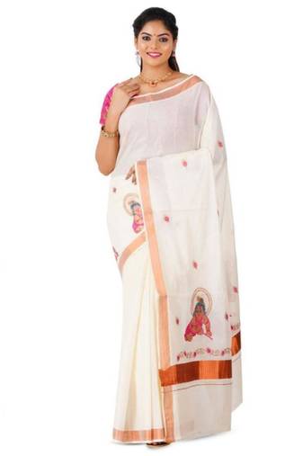 white pure cotton kasavu saree with devotional motif print