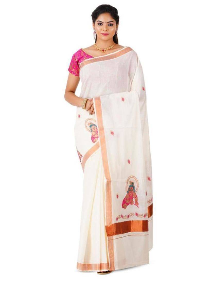 Ethnic motifs zari pure cotton kasavu saree