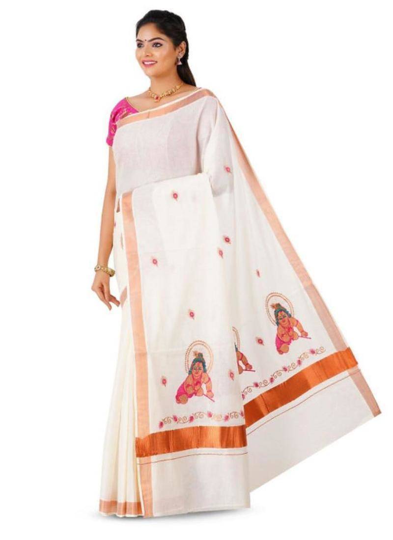 Ethnic motifs zari pure cotton kasavu saree