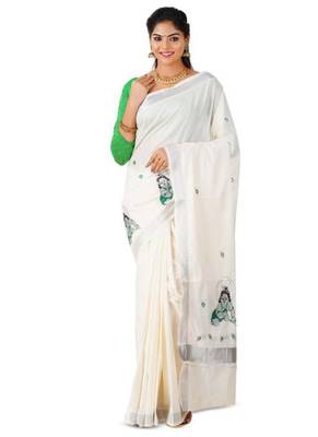 white pure cotton kasavu saree with krishna motif print 1