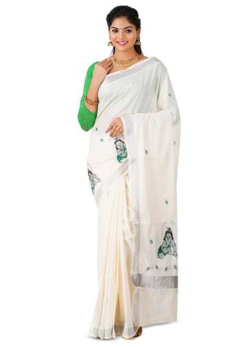 white pure cotton kasavu saree with krishna motif print