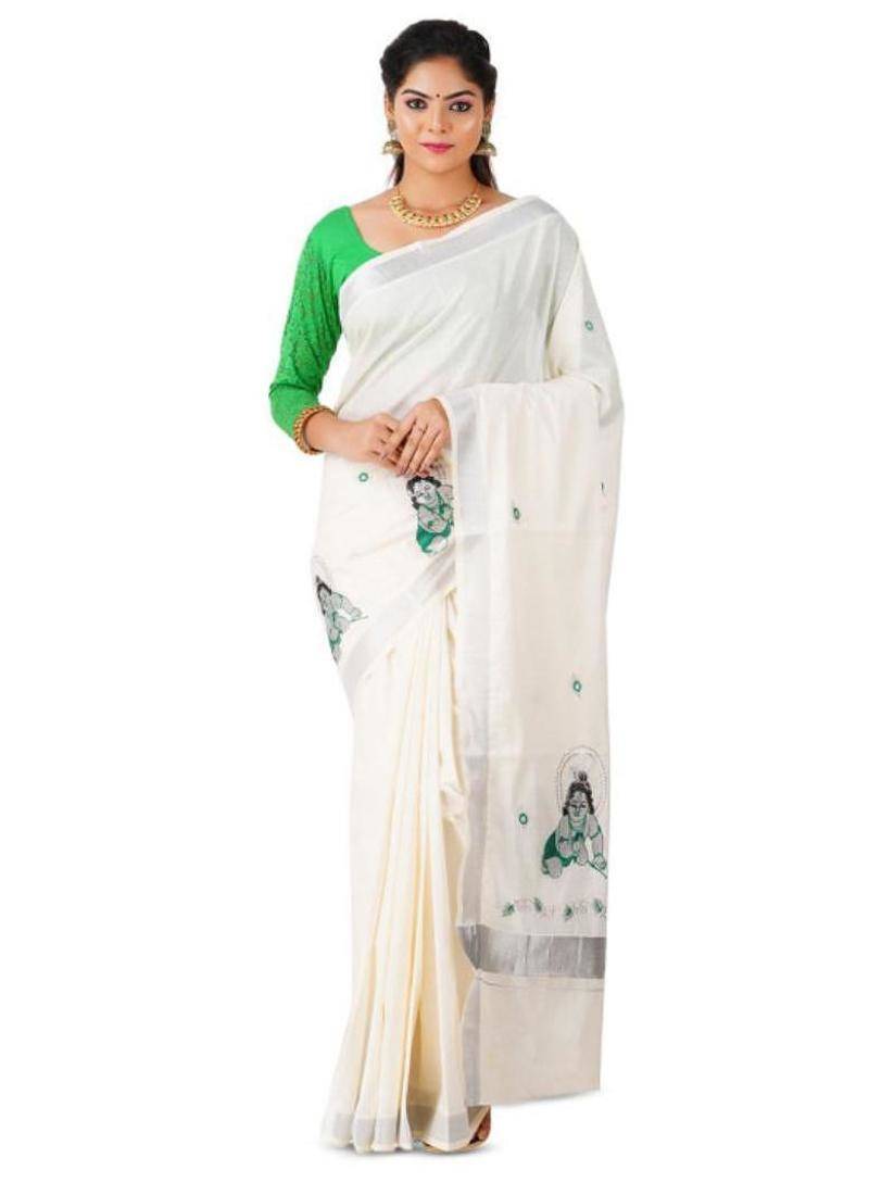 Ethnic motifs zari pure cotton kasavu saree