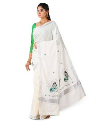 white pure cotton kasavu saree with krishna motif print 4