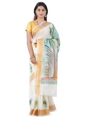 white pure cotton kasavu saree with peacock motif print 1