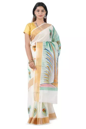 white pure cotton kasavu saree with peacock motif print