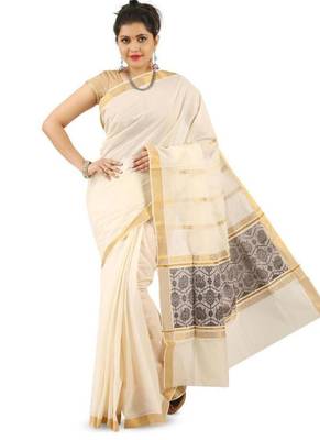 cream pure cotton kasavu saree with woven pallu design 1