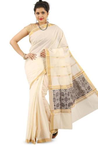 cream pure cotton kasavu saree with woven pallu design