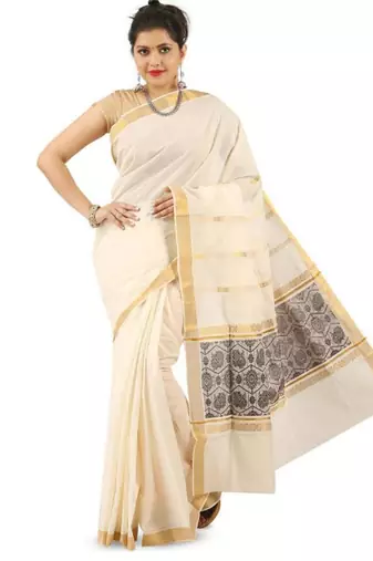 cream pure cotton kasavu saree with woven pallu design