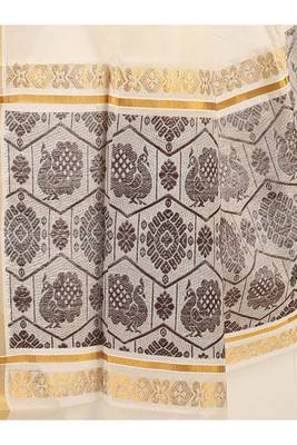 cream pure cotton kasavu saree with woven pallu design 3
