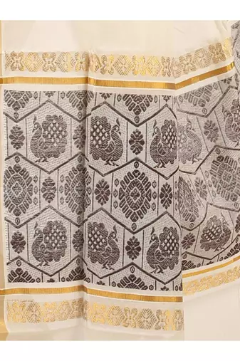 cream pure cotton kasavu saree with woven pallu design