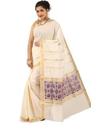 cream pure cotton kasavu saree with woven pallu design 4
