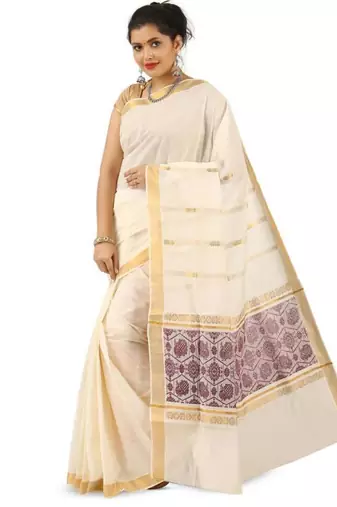cream pure cotton kasavu saree with woven pallu design