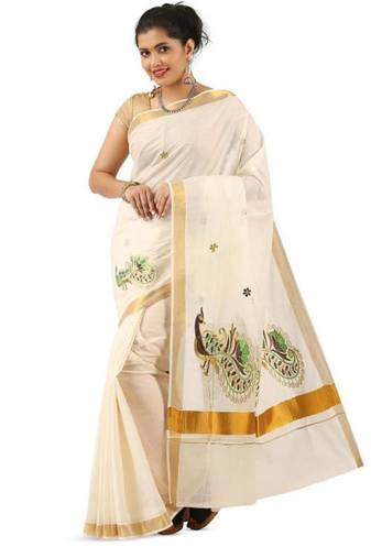 cream pure cotton kasavu saree with peacock motif pallu