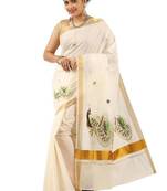 Ethnic motifs embroidered zari pure cotton kasavu saree