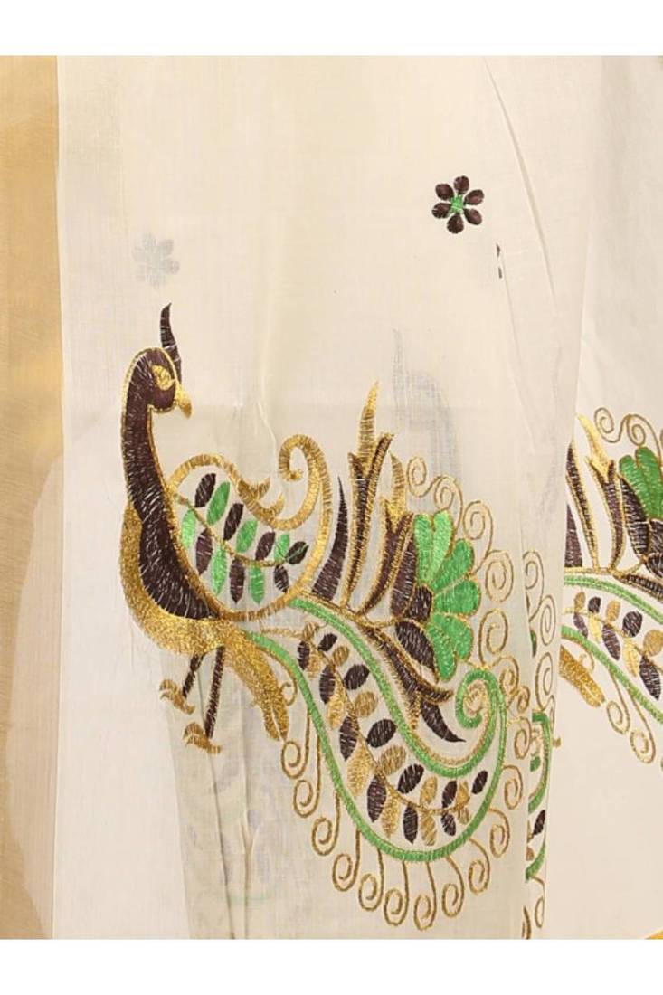 Ethnic motifs embroidered zari pure cotton kasavu saree