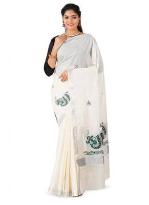 white pure cotton kasavu saree with peacock motif border 1