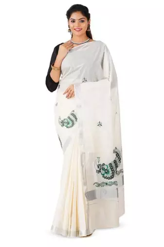 white pure cotton kasavu saree with peacock motif border