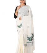 Ethnic motifs embroidered zari pure cotton kasavu saree