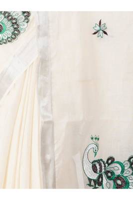 white pure cotton kasavu saree with peacock motif border 3
