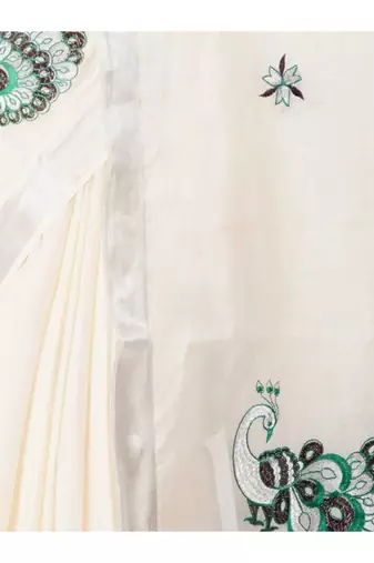 white pure cotton kasavu saree with peacock motif border