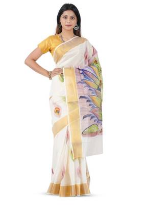 off white hand painted peacock cotton kasavu saree 1