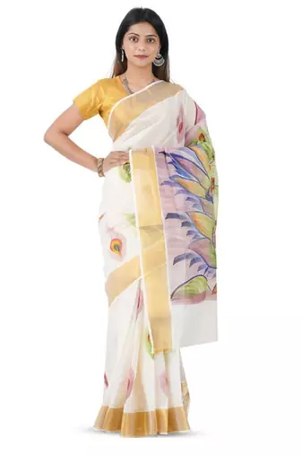 off white hand painted peacock cotton kasavu saree