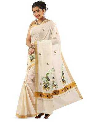 off white pure cotton ready to wear floral kasavu saree with zari work 1