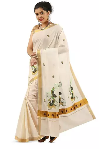 off white pure cotton ready to wear floral kasavu saree with zari work