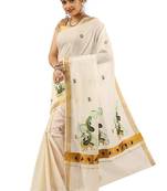 Floral zari pure cotton ready to wear kasavu saree