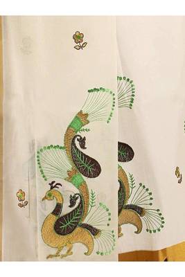 off white pure cotton ready to wear floral kasavu saree with zari work 3