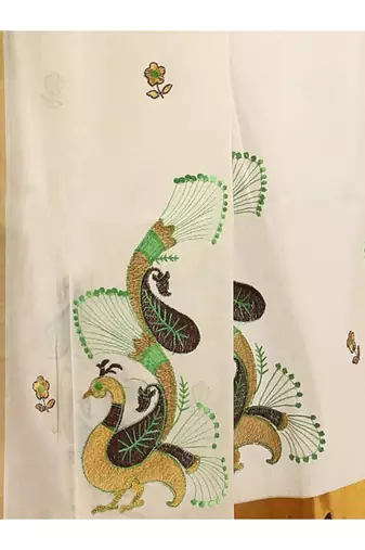 off white pure cotton ready to wear floral kasavu saree with zari work