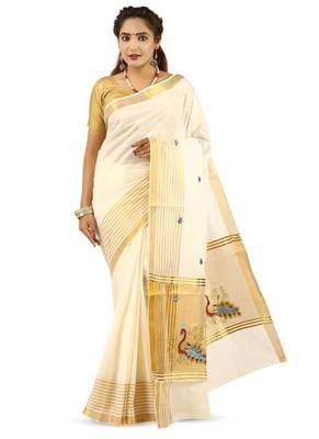 off white peacock embroidered pure cotton kasavu saree 1