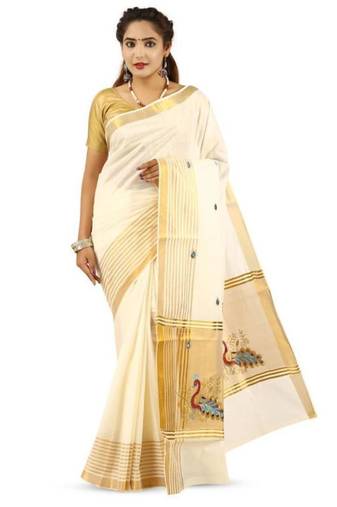 off white peacock embroidered pure cotton kasavu saree