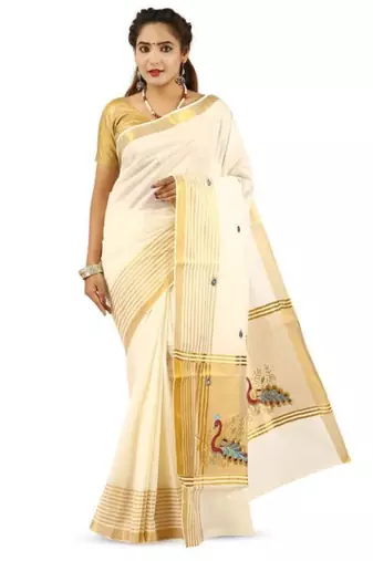 off white peacock embroidered pure cotton kasavu saree