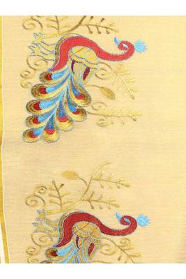off white peacock embroidered pure cotton kasavu saree 3
