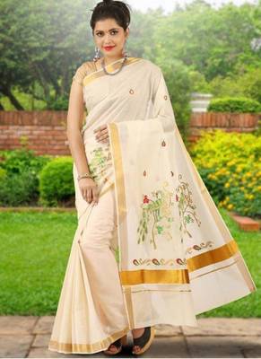 off white bird embroidered cotton kasavu saree with zari work 1