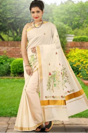 off white bird embroidered cotton kasavu saree with zari work