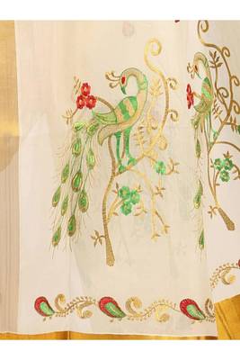 off white bird embroidered cotton kasavu saree with zari work 2