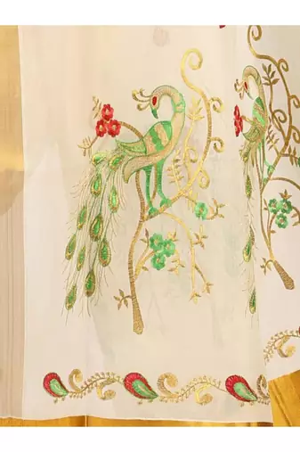 off white bird embroidered cotton kasavu saree with zari work