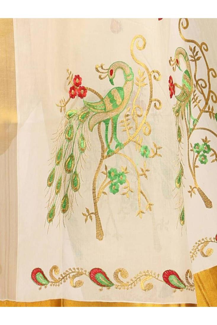 Ethnic motifs zari pure cotton ready to wear kasavu saree