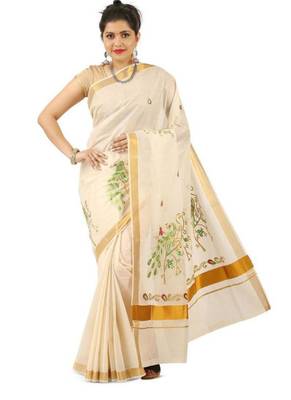 off white bird embroidered cotton kasavu saree with zari work 3